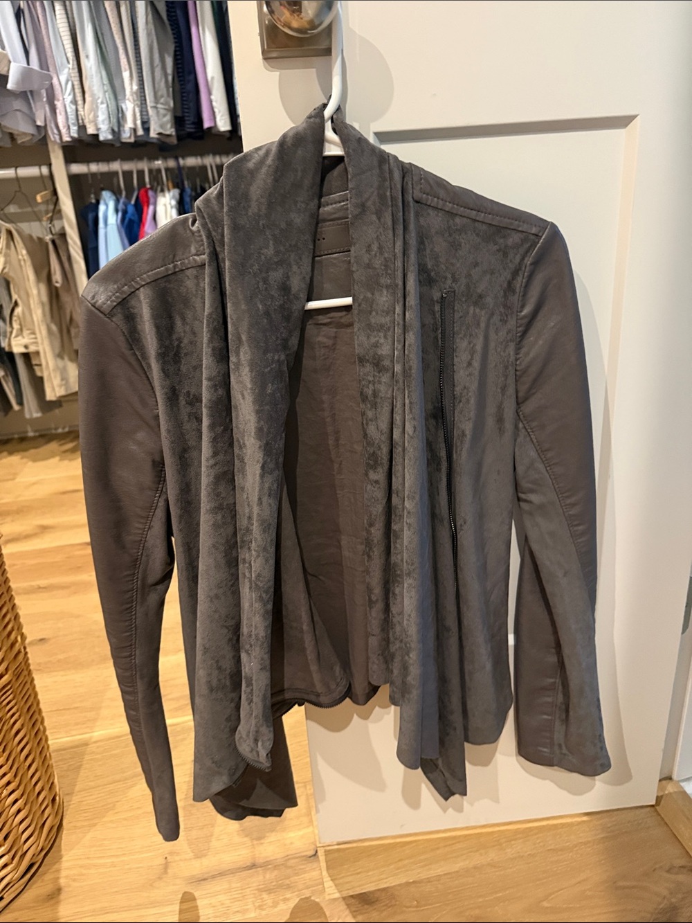 Anthropologie Gray Draped Suede-Look Open Front Jacket